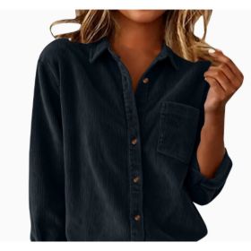 Corduroy Casual Loose Thick Shirt With Striped Turn-Down Collar And Long Sleeves (Option: Navy Blue-XL)