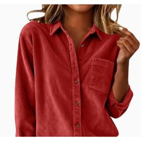 Corduroy Casual Loose Thick Shirt With Striped Turn-Down Collar And Long Sleeves (Option: Red-M)