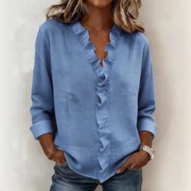 Ruffled Long Sleeve Cotton Shirt (Option: Navy Blue-2XL)
