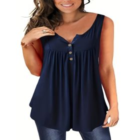Self-pick-up Women's Plus Size Sleeveless Top V Neck Button Casual T-Shirt Only Self-pickup Is Supported (Option: Navy Blue-3XL)