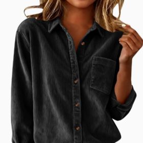 Corduroy Casual Loose Thick Shirt With Striped Turn-Down Collar And Long Sleeves (Option: Black-XXL)