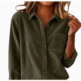 Corduroy Casual Loose Thick Shirt With Striped Turn-Down Collar And Long Sleeves (Option: Army Green-XXL)