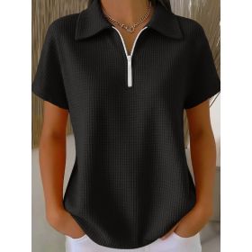 Pullover Drop-shoulder Half-zip Waffle-knit Short Sleeve (Option: Black-5XL)