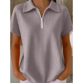 Pullover Drop-shoulder Half-zip Waffle-knit Short Sleeve (Option: Light Grey-2XL)