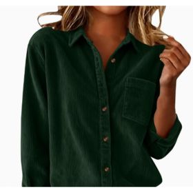 Corduroy Casual Loose Thick Shirt With Striped Turn-Down Collar And Long Sleeves (Option: Dark Green-L)
