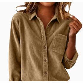 Corduroy Casual Loose Thick Shirt With Striped Turn-Down Collar And Long Sleeves (Option: Khaki-L)
