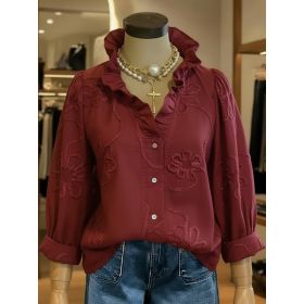 Lace-embroidered Cotton-linen Sweet Blouse (Option: Red-S)