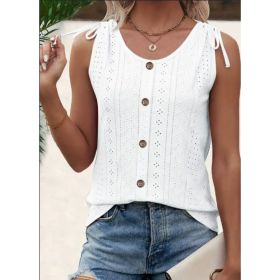 Eyelet Button Front Tank Top, Casual Sleeveless Tank Top For Summer, Women's Clothing (Option: Beige-L)