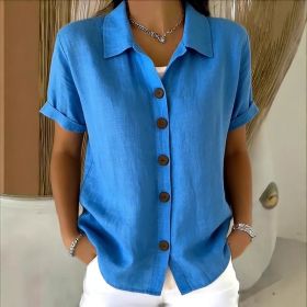 Women's Lapel-button Long-sleeve Shirt (Option: Blue-4XL)