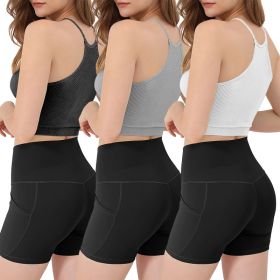3 Pack Women Crop Basic Tank Top Ribbed Knit Sleeveless Round Neck 9 Color Machine Wash Summer Crop S To XL (Option: BlackWhiteGrey-L)