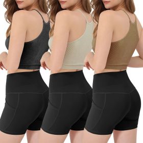 3 Pack Women Crop Basic Tank Top Ribbed Knit Sleeveless Round Neck 9 Color Machine Wash Summer Crop S To XL (Option: DGreyKhakiBeige-L)