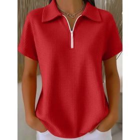 Pullover Drop-shoulder Half-zip Waffle-knit Short Sleeve (Option: Red-XL)
