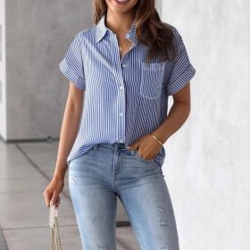 Loose-fitting Casual Short-sleeve Shirt (Option: Sapphire Blue-S)