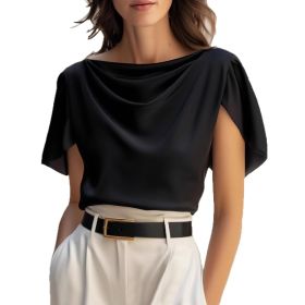 Scoop-neck Draping Short-sleeve Top Casual Shirt For Women (Option: Black-S)