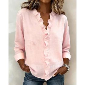 Ruffled Long Sleeve Cotton Shirt (Option: Pink-L)
