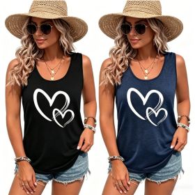 Hearts Print Crew Neck Tank Top, Casual Sleeveless Tank Top For Summer, Women's Clothing (Option: Navy Blue and Black-2XL)