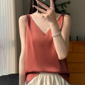 Sling Vest Inner Match Satin Silky Base Loose Sleeveless Top (Option: Brick Red-S)
