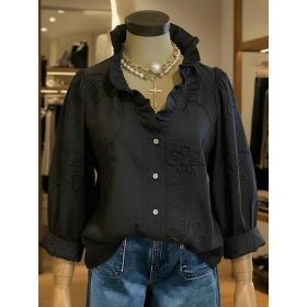 Lace-embroidered Cotton-linen Sweet Blouse (Option: Black-S)