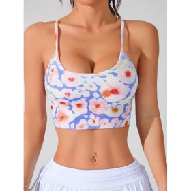 Women's Summer New Cross Thin-Strap Floral Print Daily Sports Bra (Option: Blue violet flower-M)