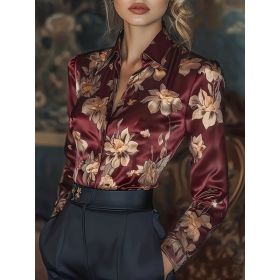 Womens Retro Printed Satin Long-Sleeve Shirt (Option: Wine Red-S)