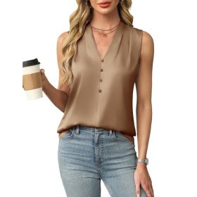 Womens Satin Button V-Neck Sleeveless Top (Option: Khaki-S)