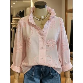 Lace-embroidered Cotton-linen Sweet Blouse (Option: Pink-S)