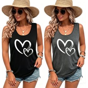 Hearts Print Crew Neck Tank Top, Casual Sleeveless Tank Top For Summer, Women's Clothing (Option: Black and Grey-3XL)