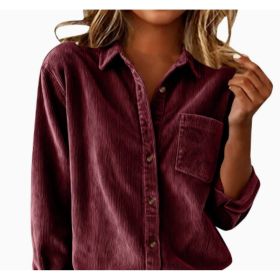 Corduroy Casual Loose Thick Shirt With Striped Turn-Down Collar And Long Sleeves (Option: Wine Red-S)