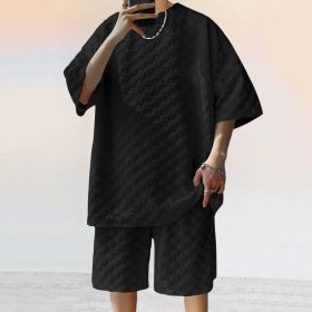 Jacquard Plaid Loose Straight Casual Shorts Suit (Option: Black-M)