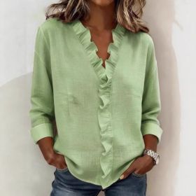 Ruffled Long Sleeve Cotton Shirt (Option: Green-S)