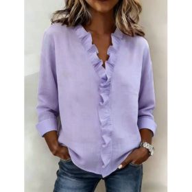 Ruffled Long Sleeve Cotton Shirt (Option: Purple-XL)