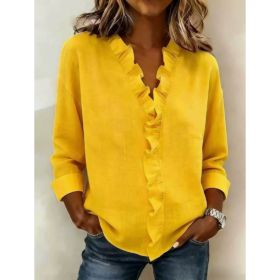 Ruffled Long Sleeve Cotton Shirt (Option: Yellow-XL)
