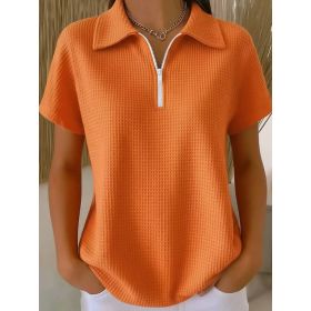 Pullover Drop-shoulder Half-zip Waffle-knit Short Sleeve (Option: Orange Red-S)