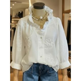 Lace-embroidered Cotton-linen Sweet Blouse (Option: White-M)