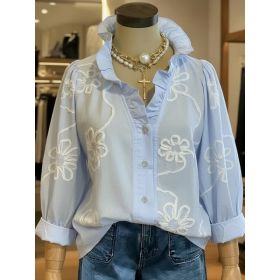 Lace-embroidered Cotton-linen Sweet Blouse (Option: Blue-M)
