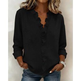 Ruffled Long Sleeve Cotton Shirt (Option: Black-M)