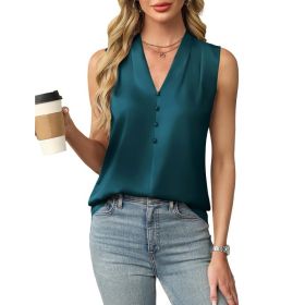 Womens Satin Button V-Neck Sleeveless Top (Option: Sea Blue-M)