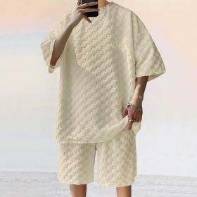 Jacquard Plaid Loose Straight Casual Shorts Suit (Option: Khaki-M)