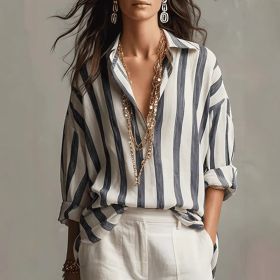 Striped Lapel Collar Loose-Fit Stylish Pullover Womens Blouse (Option: Black-M)