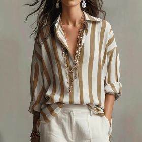 Striped Lapel Collar Loose-Fit Stylish Pullover Womens Blouse (Option: Dark Brown-M)