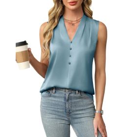 Womens Satin Button V-Neck Sleeveless Top (Option: Light Blue-M)