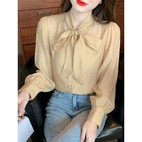 Bow-tie Chiffon Long-sleeve Shirt For Women (Option: Apricot Yellow-M)