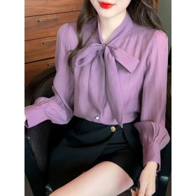 Bow-tie Chiffon Long-sleeve Shirt For Women (Option: Purple-M)