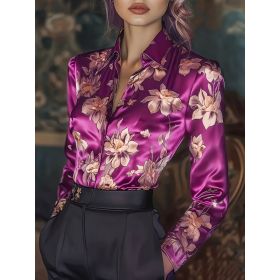 Womens Retro Printed Satin Long-Sleeve Shirt (Option: Rose Red-XXL)