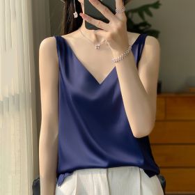 Sling Vest Inner Match Satin Silky Base Loose Sleeveless Top (Option: Navy Blue-L)