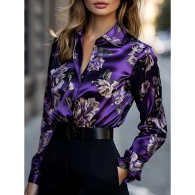 Womens Retro Printed Satin Long-Sleeve Shirt (Option: Purple-XXL)