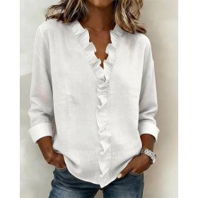Ruffled Long Sleeve Cotton Shirt (Option: White-S)