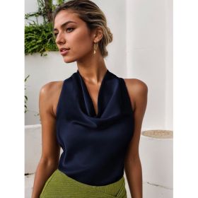 Women Solid Color Swing Collar Sleeveless Vest Trendy Elegant Shirt With Halter Neckline Backless Short Sleeve Tops Tshirts (Option: Blue-L)