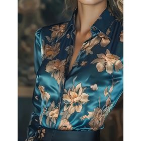 Womens Retro Printed Satin Long-Sleeve Shirt (Option: Green-XXL)