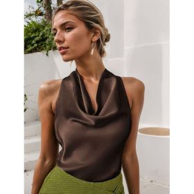 Women Solid Color Swing Collar Sleeveless Vest Trendy Elegant Shirt With Halter Neckline Backless Short Sleeve Tops Tshirts (Option: Khaki-L)